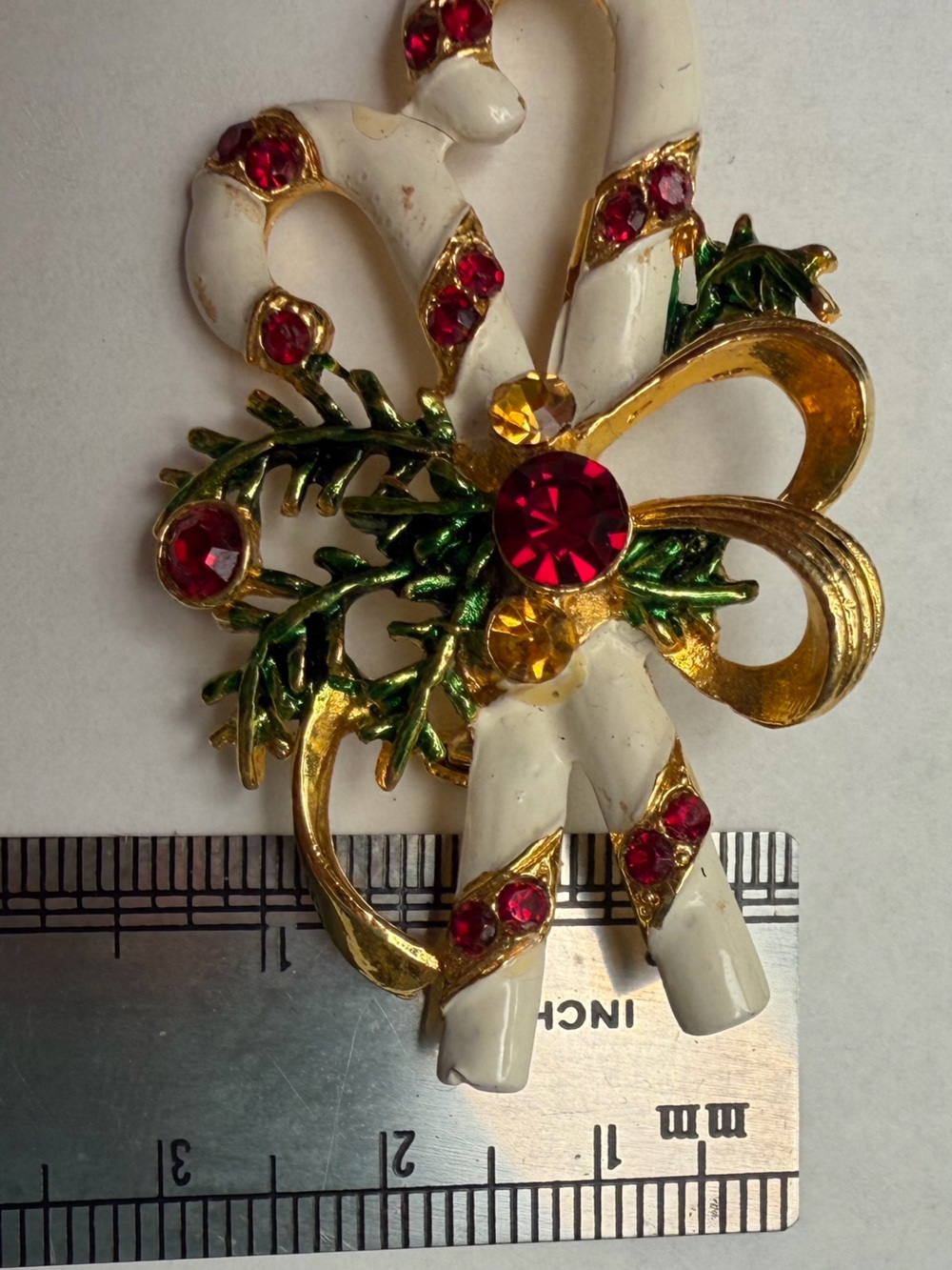 Vintage Festive Candy Cane Brooch with Red Crystals and Gold Accents - Picture 6 of 6